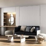 Folding double bed with sofa and desk
