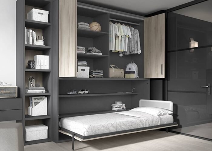Horizontal folding bed with 4-door wardrobe and desk - Image 1