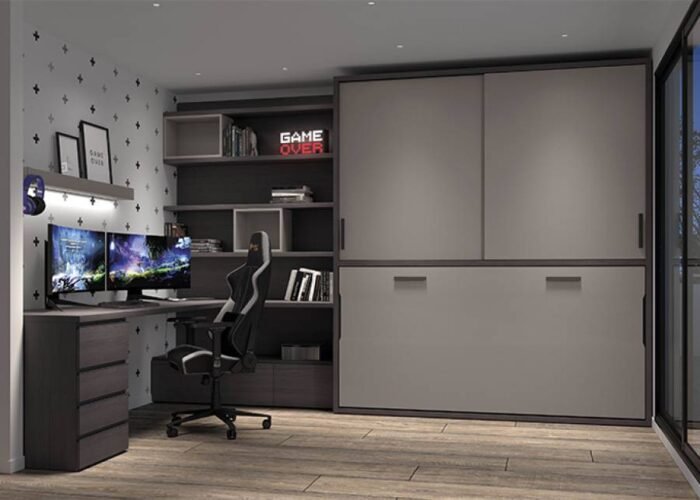Horizontal folding bed with sliding wardrobes and shelving - Image 1