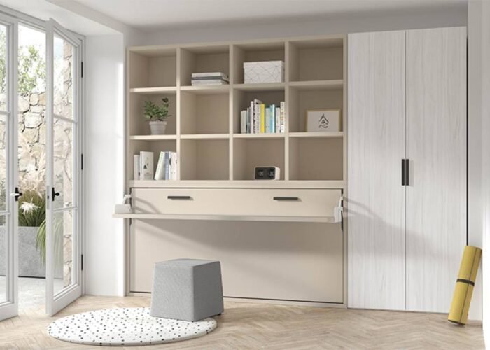 Room with wardrobe and horizontal folding bed with integrated table - Image 1