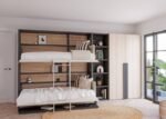 Folding bunk bed with integrated desk and wardrobe