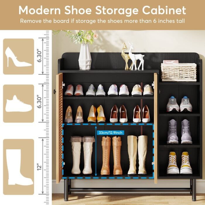 Shoe Cabinet, Rattan Shoe Storage Organizer with Doors & Open Shelves - Image 7