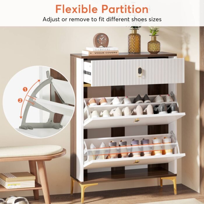 Shoe Cabinet, Slim Shoe Organizer Cabinet with 2 Flip Drawers - Image 7