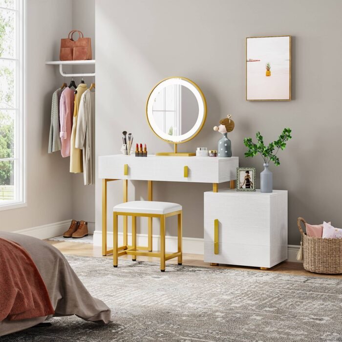 Vanity, Makeup Dressing Table with 3-Color Touch Screen Lighted Mirror - Image 5