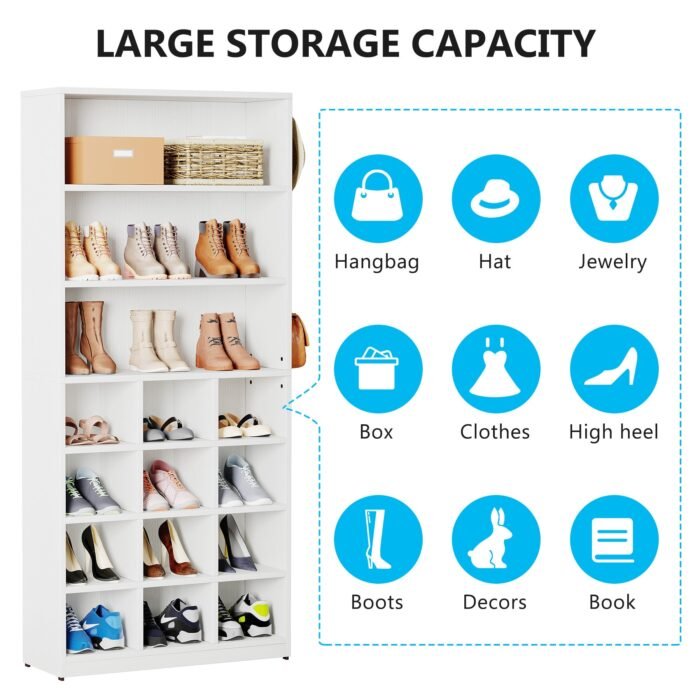 Shoe Cabinet, Freestanding Shoe Rack with Side Hooks - Image 7