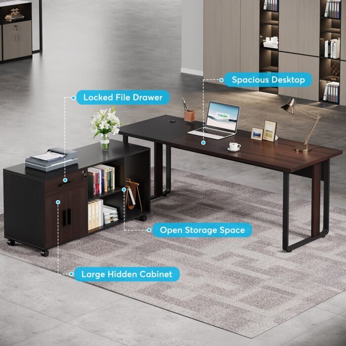 70.8? Executive Desk with 47? Mobile File Cabinet, L Shaped Computer Desk - Image 6