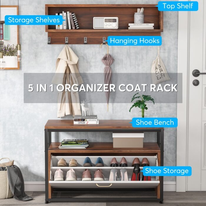 Coat Rack Shoe Bench Set, Hall Tree Shoe Rack with Flip Drawer - Image 6