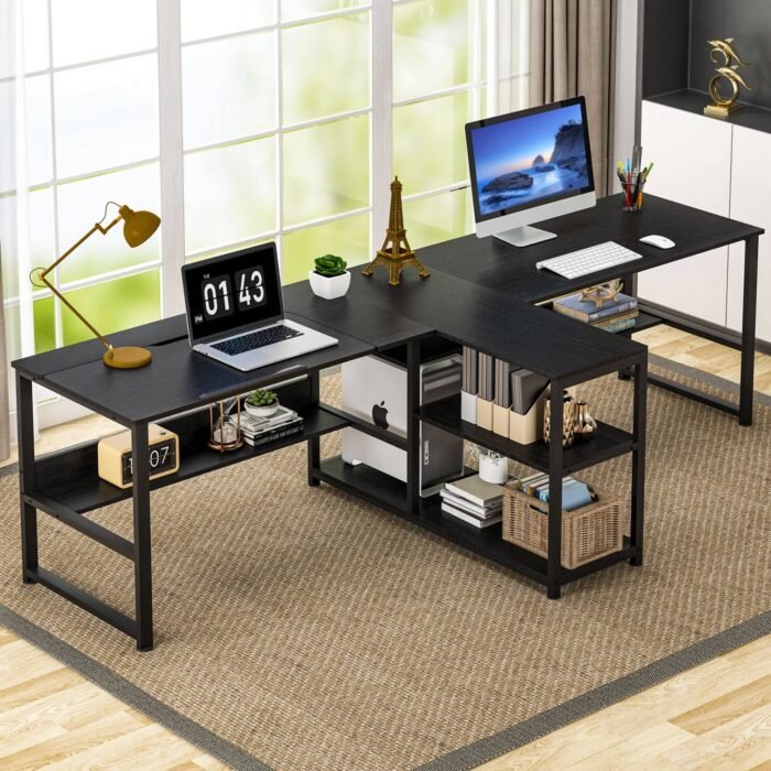 Two Person Desk, 94.5?Computer Desk with Shelves and Tiltable Tabletop - Image 10