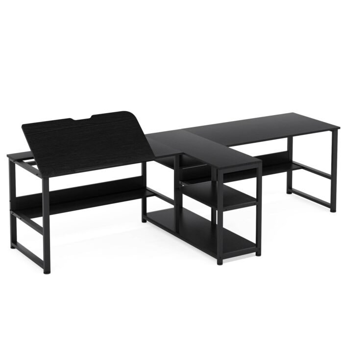 Two Person Desk, 94.5?Computer Desk with Shelves and Tiltable Tabletop - Image 11