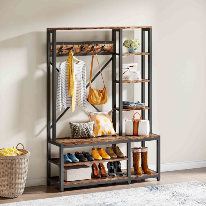 Coat Rack Shoe Bench, 4-in-1 Entryway Hall Tree with Shelves - Image 1