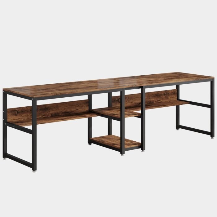 Two Person Desk, Computer Desk Double Workstation with Shelves - Image 9