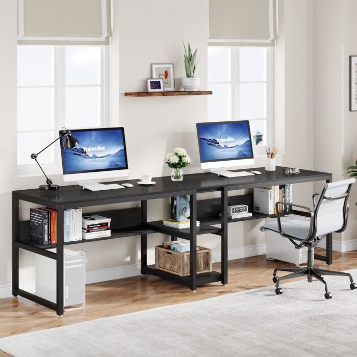 Two Person Desk, 78.7 Computer Double Desk with Bookshelf - Image 8
