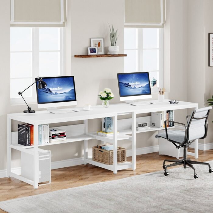 Two Person Desk, 78.7 Computer Double Desk with Bookshelf - Image 10