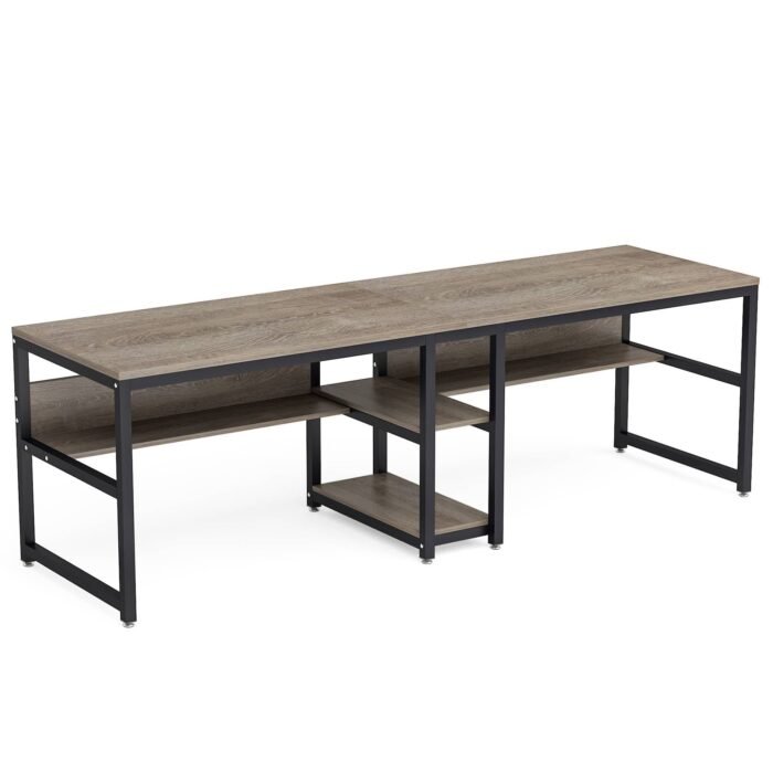 Two Person Desk, Computer Desk Double Workstation with Shelves - Image 13