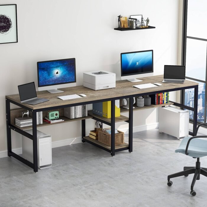 Two Person Desk, Computer Desk Double Workstation with Shelves - Image 12