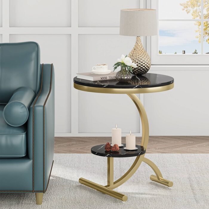 End Table, 2-Tier Round Faux Marble Sofa Side Table - Image 8