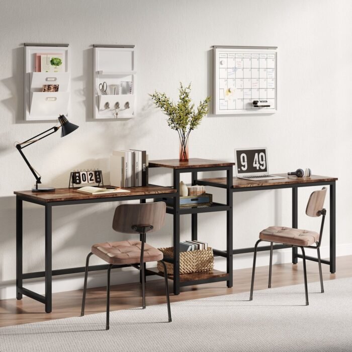 Two Person Desk, 96.9? Double Computer Desk with Storage Shelves - Image 1