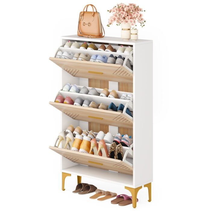 Shoe Cabinet, Slim Hidden Shoe Rack Organizer with 3 Flip Drawers - Image 1