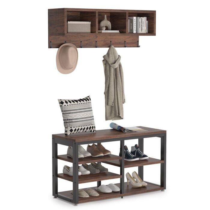 Coat Rack Shoe Bench Set, Hall Tree with Wall Mounted Shelf - Image 1