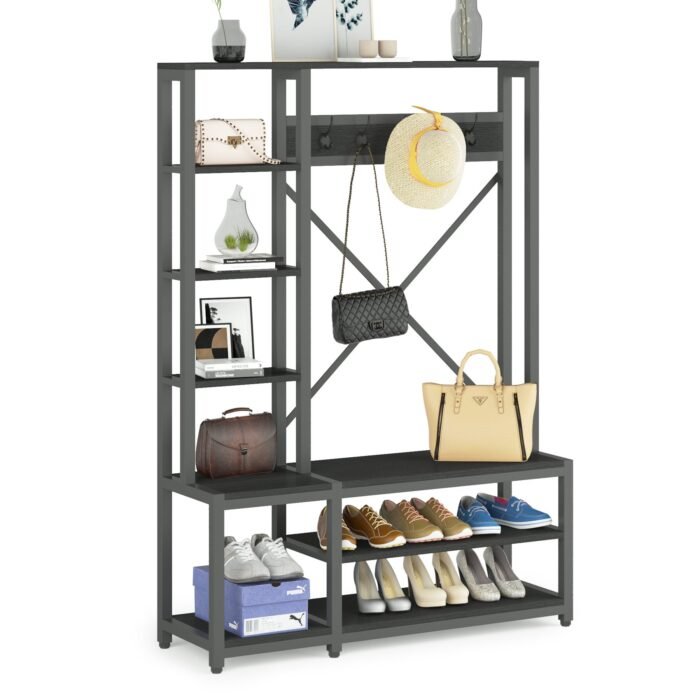 Coat Rack Shoe Bench, 4-in-1 Entryway Hall Tree with Shelves - Image 7