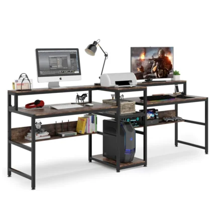 Two Person Desk, 94.5? Computer Desk with Monitor Riser