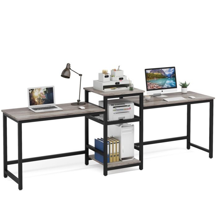 Two Person Desk, 96.9? Double Computer Desk with Storage Shelves - Image 12