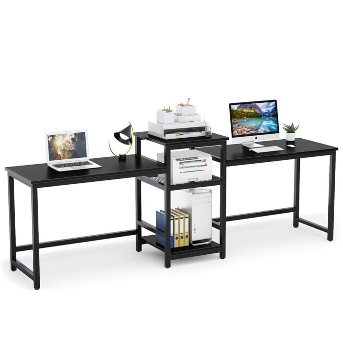 Two Person Desk, 96.9? Double Computer Desk with Storage Shelves - Image 10