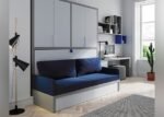 Horizontal folding bed with sofa, upper wardrobe and study area