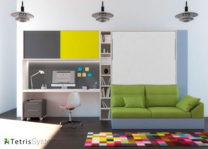 Bedroom with vertical folding bed with sofa