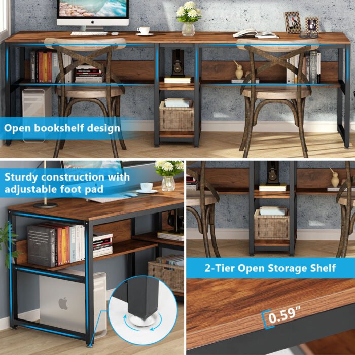 Two Person Desk, 78.7 Computer Double Desk with Bookshelf - Image 7