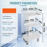 3 Trays Utility Cart 3-Layer Trolley Heavy Duty Lab Dental Rolling Utility Cart with 4 PE Wheels 2 of which can be Locked for Fixing Heavy-Duty with 33Lb Load Capacity - Image 8